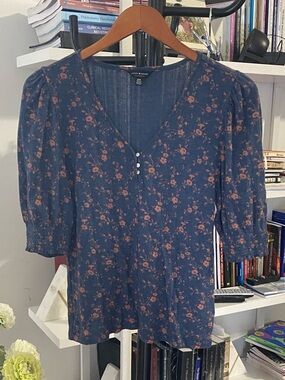 Lucky Brand Navy Blue Floral V-Neck Puff Sleeve Blouse M